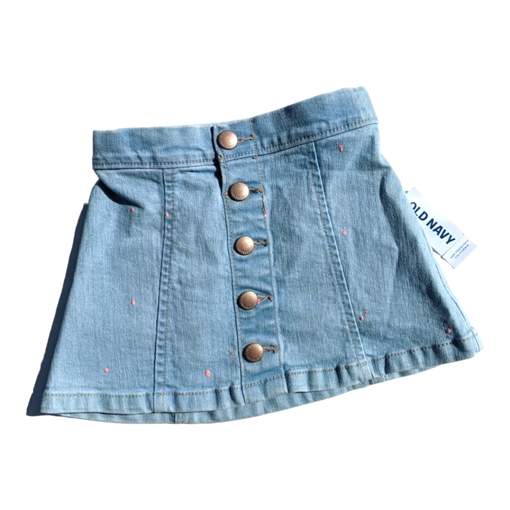 Old Navy Girls 2T Faux Front Button Up Pink Paint Splatter Blue Jean Skirt